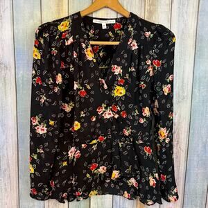 Veronica Beard Kiona Silk V Neck Long Sleeve Top Blouse Size 2 Dark Floral Shirt